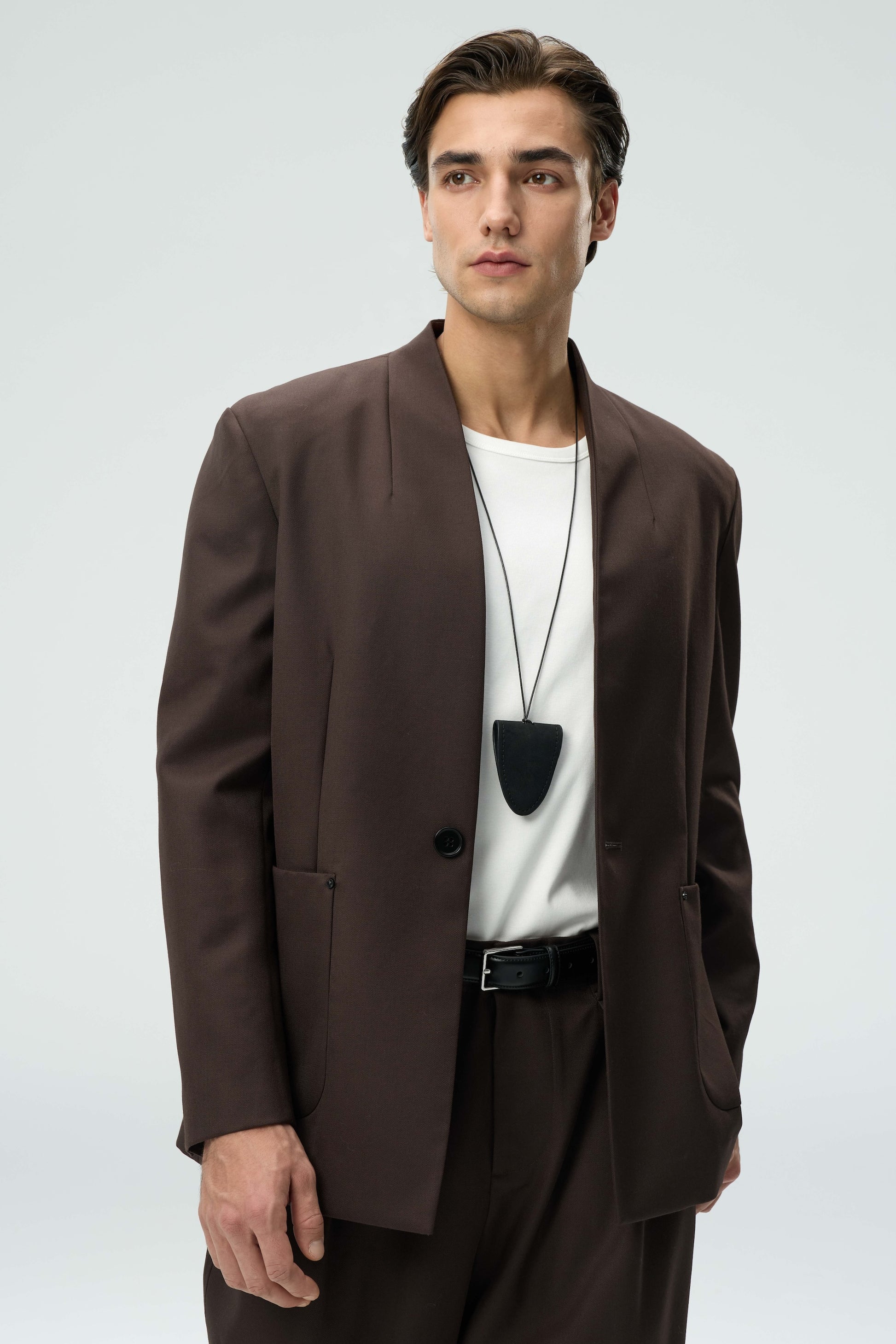 collarless dress shirt with suit BOSS - Actor Chace Crawford wears a BOSS suit in deep red and collarless shirt from our Fall/Winter 2019 collection to attend the Ajyal Youth Film Festival in Doha #SuitedByBOSS